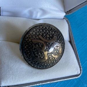 Ohm adjustable Silvertone metal circular 1 inch across Ring